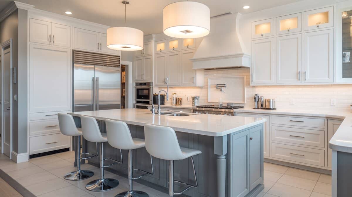 White shaker kitchen with gray island, white chrome stools, and under-cabinet lighting