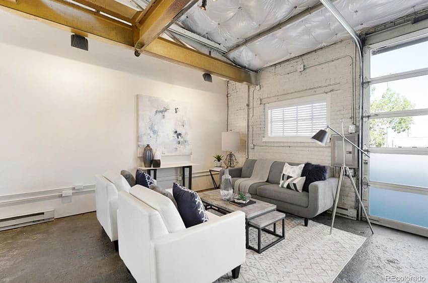 Converted garage to living room with roll up door