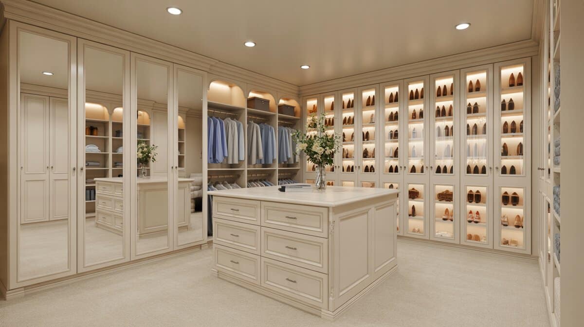 Elegant ivory walk-in with glass-panel shelves, mirrored cabinet doors and center island