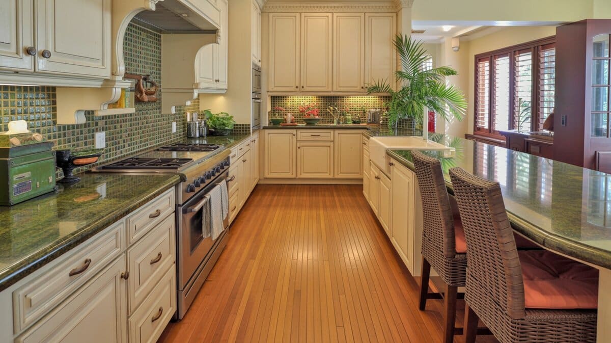 Cream kitchen with green granite counters, bamboo floors, and built-in dining nook