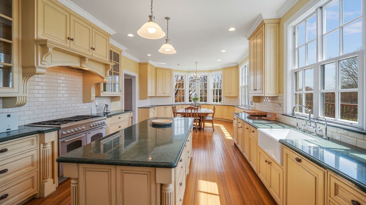 Sunny cream kitchen with emerald green granite counters, maple floors, and farmhouse sink