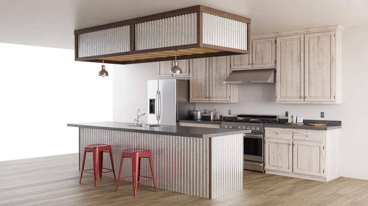 Dark espresso cabinetry and corrugated galvanized steel on both the