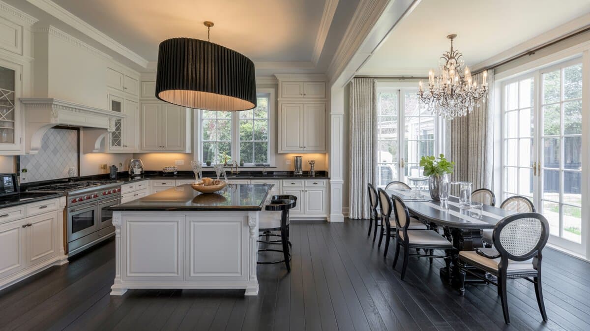 Dramatic white kitchen with ebony floors, large black oval drum pendant, and formal dining table