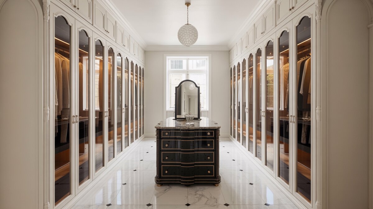 Elegant walk-in closet with floor-to-ceiling glass-panel and mirrored cabinets maximizing wall space