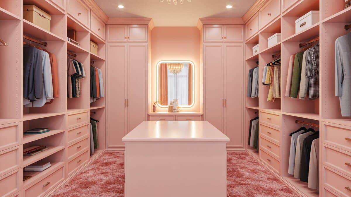 Feminine walk-in wardrobe with pink walls, coral carpet floors, Hollywood vanity and white open storage