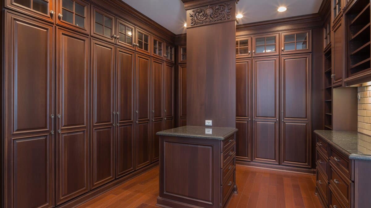 Classic closet with cherry wood floors, solid redwood stained cabinets and glass-panel French doors