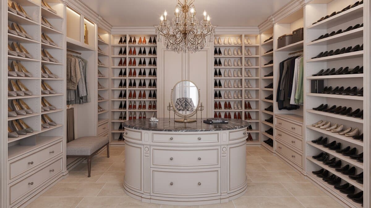 French-inspired walk-in closet with marble floors, white carved cabinets, shoe shelves and oval island