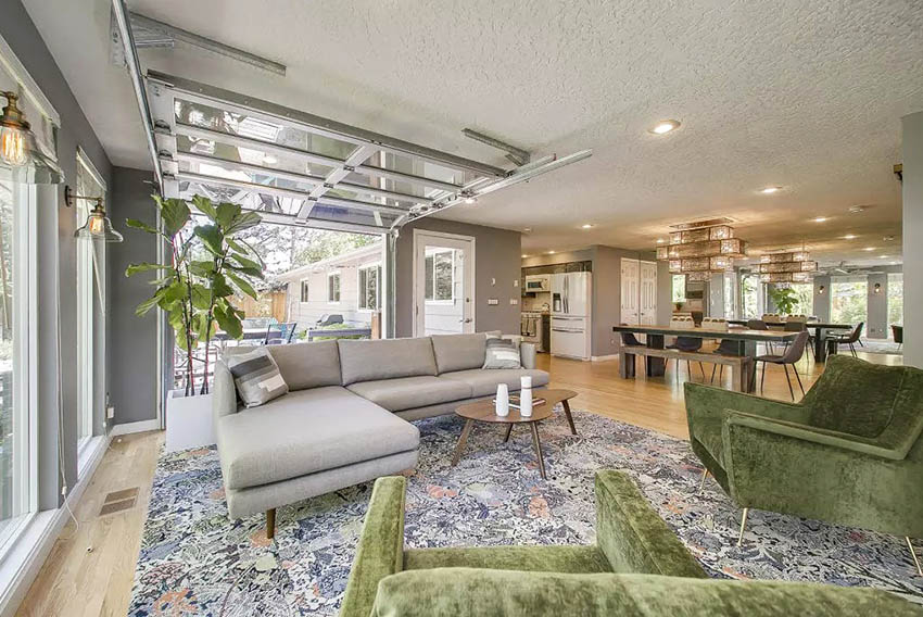 Garage door in living room with open plan design