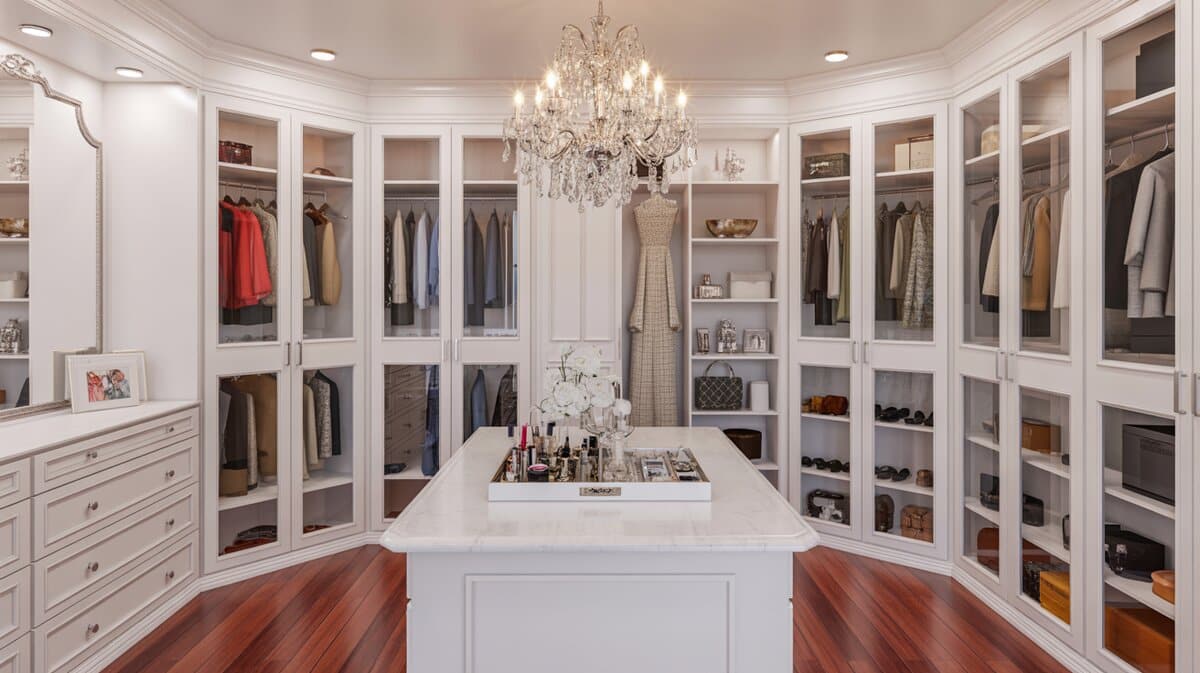 Elegant walk-in closet with walnut floors, white glass-panel cabinets and marble-top island