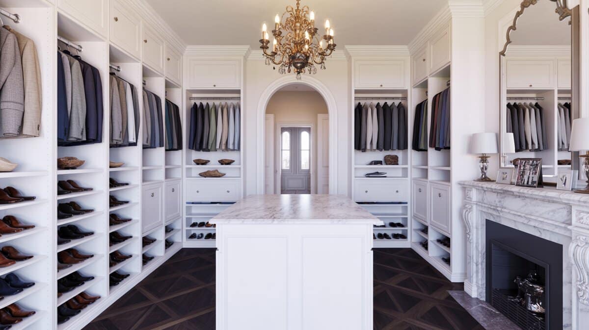 Neo-classic walk-in closet with white open cabinets, dark wengue floors, golden chandelier and French windows