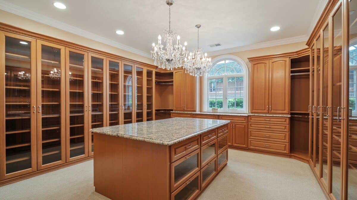 Grand walk-in closet with solid walnut cabinets, glass-panel doors, center island and dual chandeliers