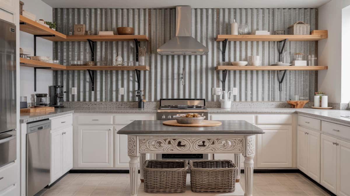 Corrugated metal in kitchens with wood elements can be used