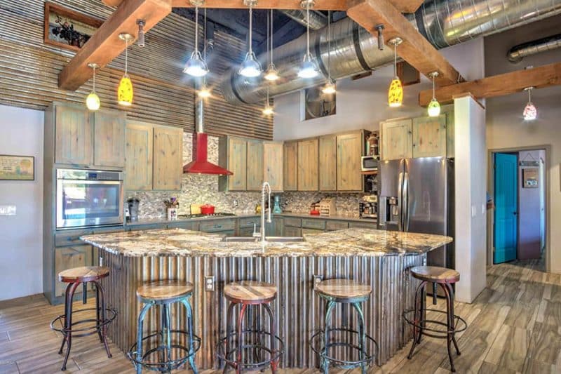 kitchen with corrugated metal wall panels