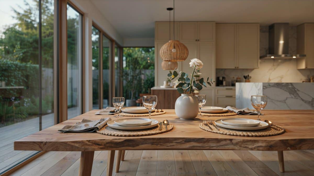 Live edge table set with woven rattan placemats, cream stoneware and glassware