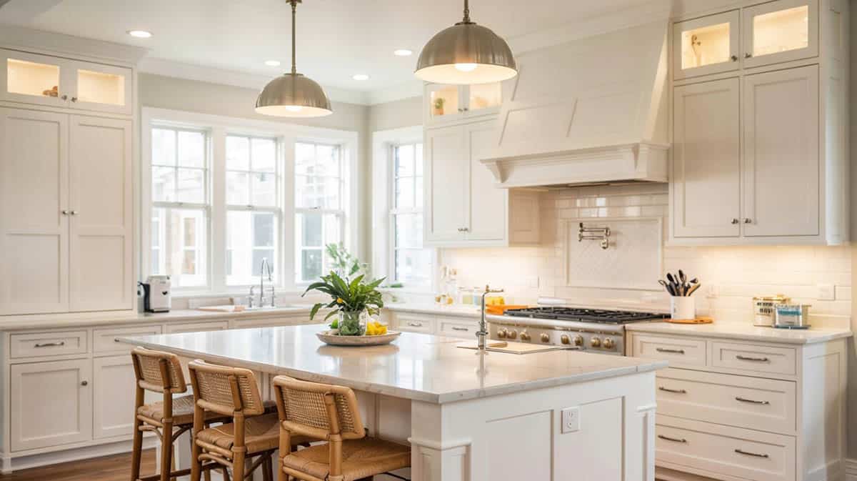 Kitchen with white shaker cabinets and silver pendants and hardware