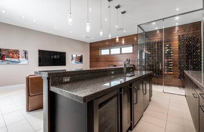 Kitchen with wine closet and wood accent wall