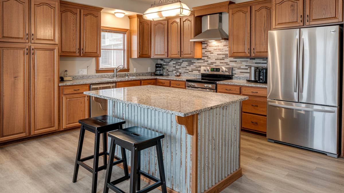 Knotty pine cabinets and a corrugated metal backsplash are a