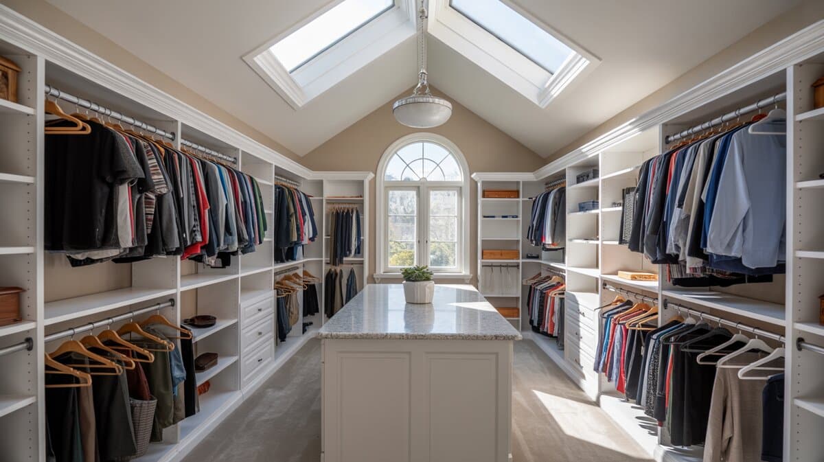 Massive all-white walk-in closet with open hanging racks, open shelving and large center island