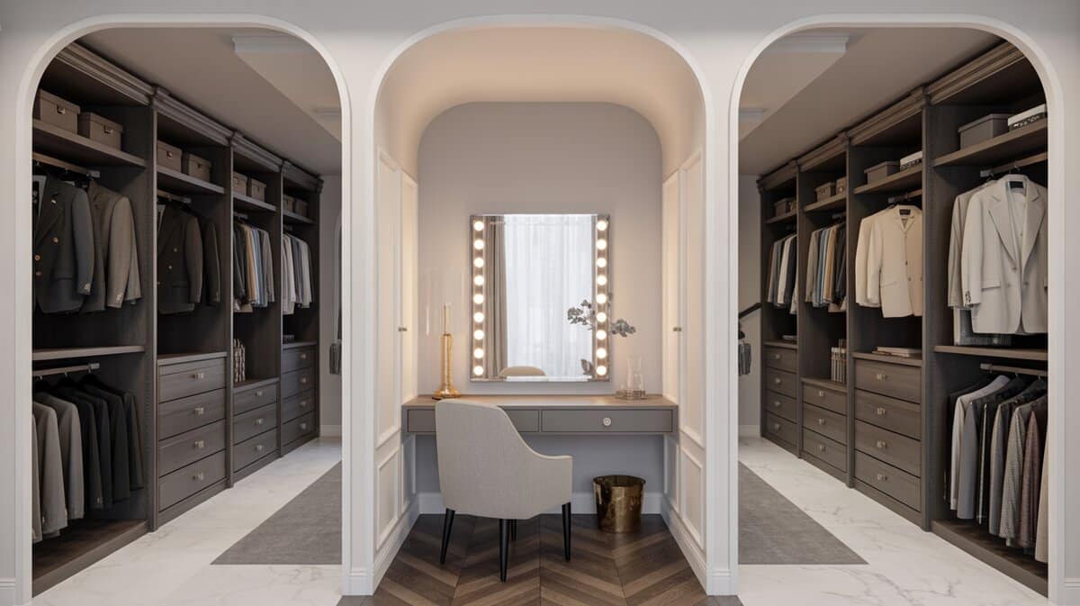 Luxury his and hers walk-in closet suite with arched doorways, grey cabinetry and Hollywood vanity station