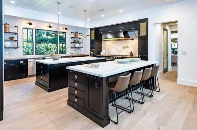 Luxury Kitchen With Two Islands Dark Cabinets Marble Countertops 640x422 
