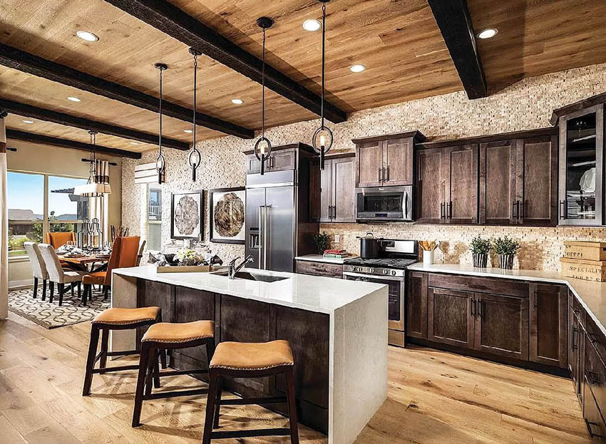 Luxury rustic kitchen with island seating for three