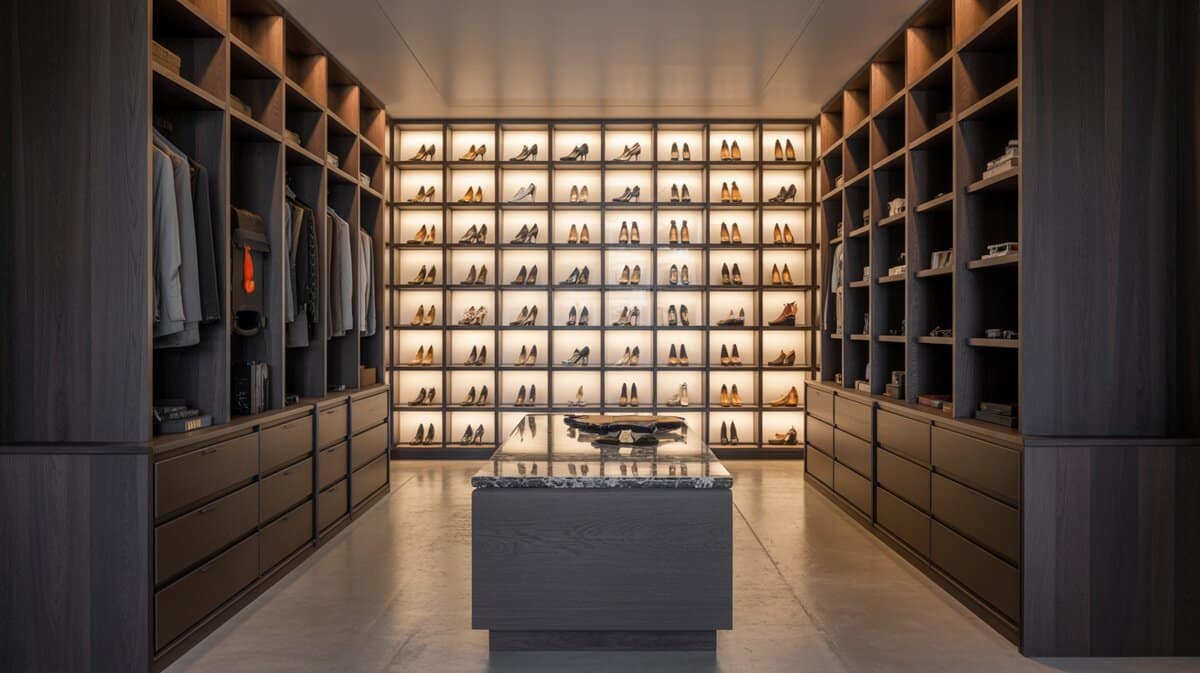Luxury closet with backlit shoe gallery wall, individual display niches and marble island