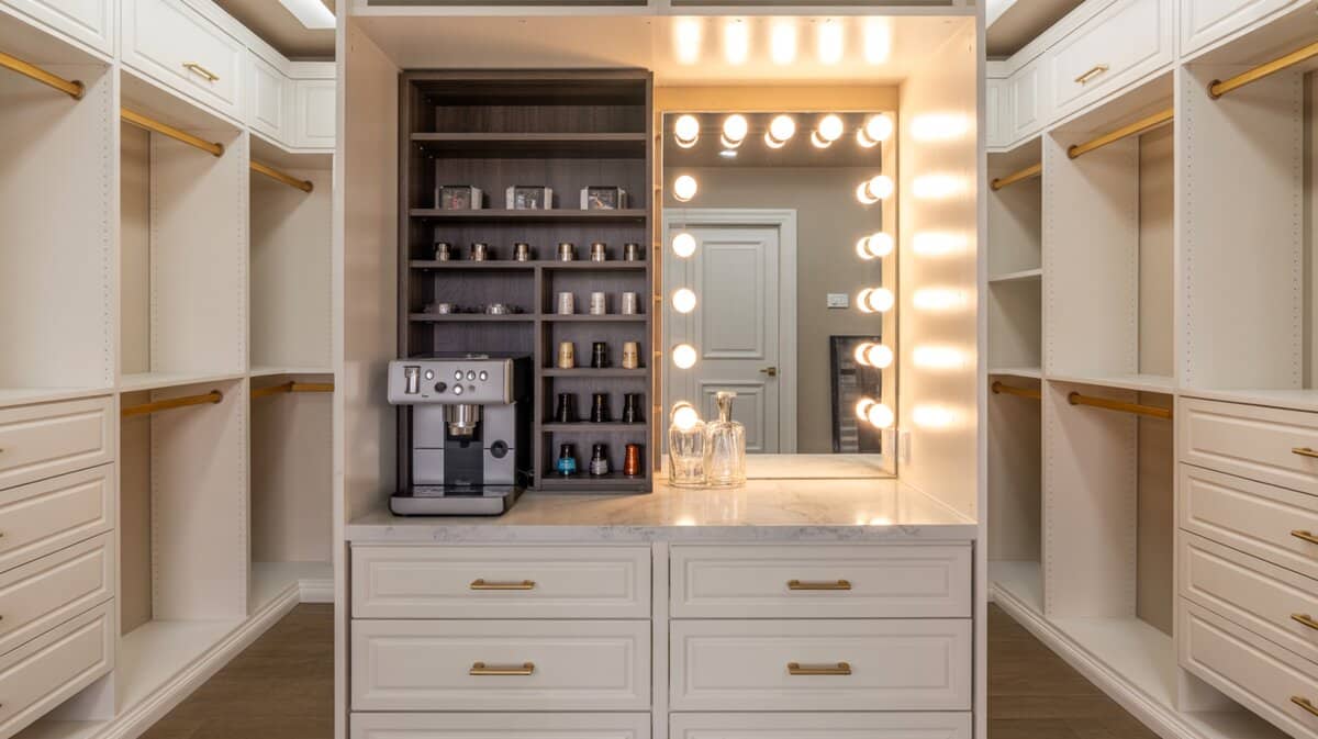 Luxury walk-in closet with built-in coffee station, Hollywood vanity mirror and marble countertop