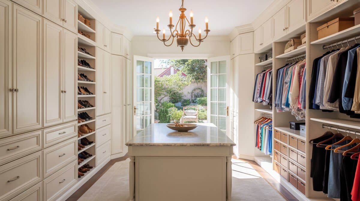 Luxury walk-in closet with French doors to garden, marble island and built-in shoe shelves