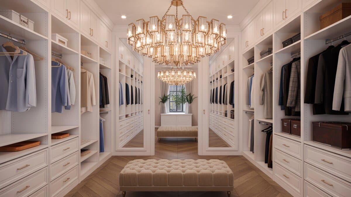 Grand luxury closet with oversized crystal chandelier, mirrored wall and tufted velvet ottoman