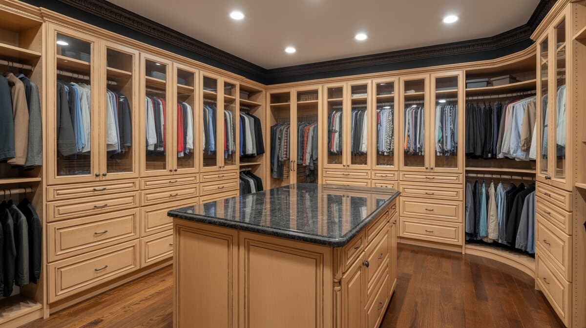 Luxury walk-in combining maple wood cabinets with dark wengue cornices and black marble countertop
