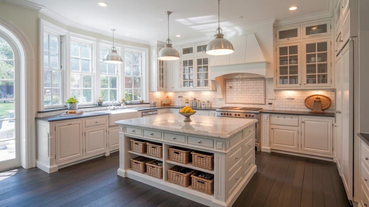 Luxury white kitchen with marble island, basket storage, and dark hardwood floors
