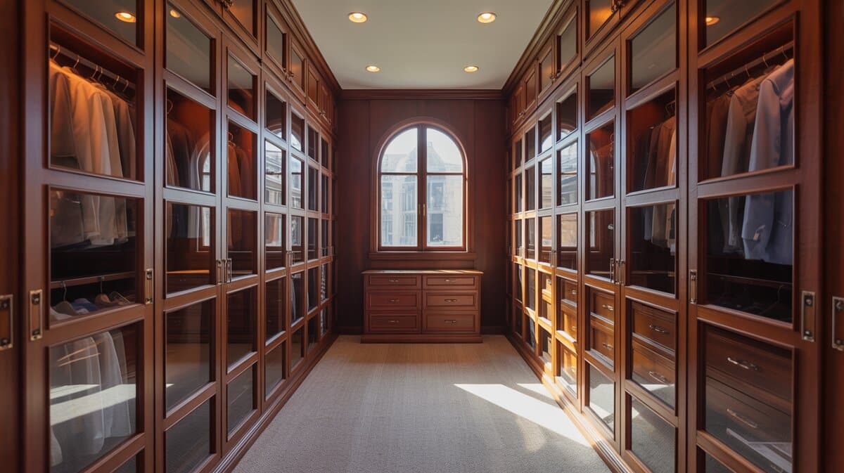 Mahogany walk-in closet with glass-panel cabinet doors and closed upper storage