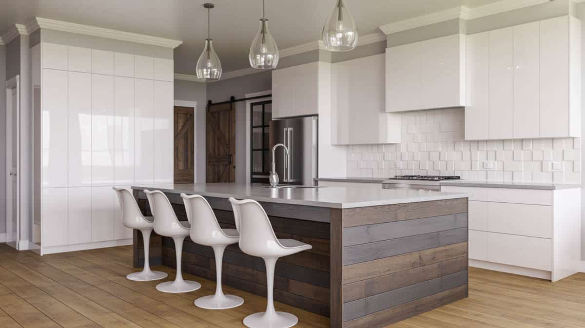 Another trendy look emerging in contemporary kitchens is this kind of transitional