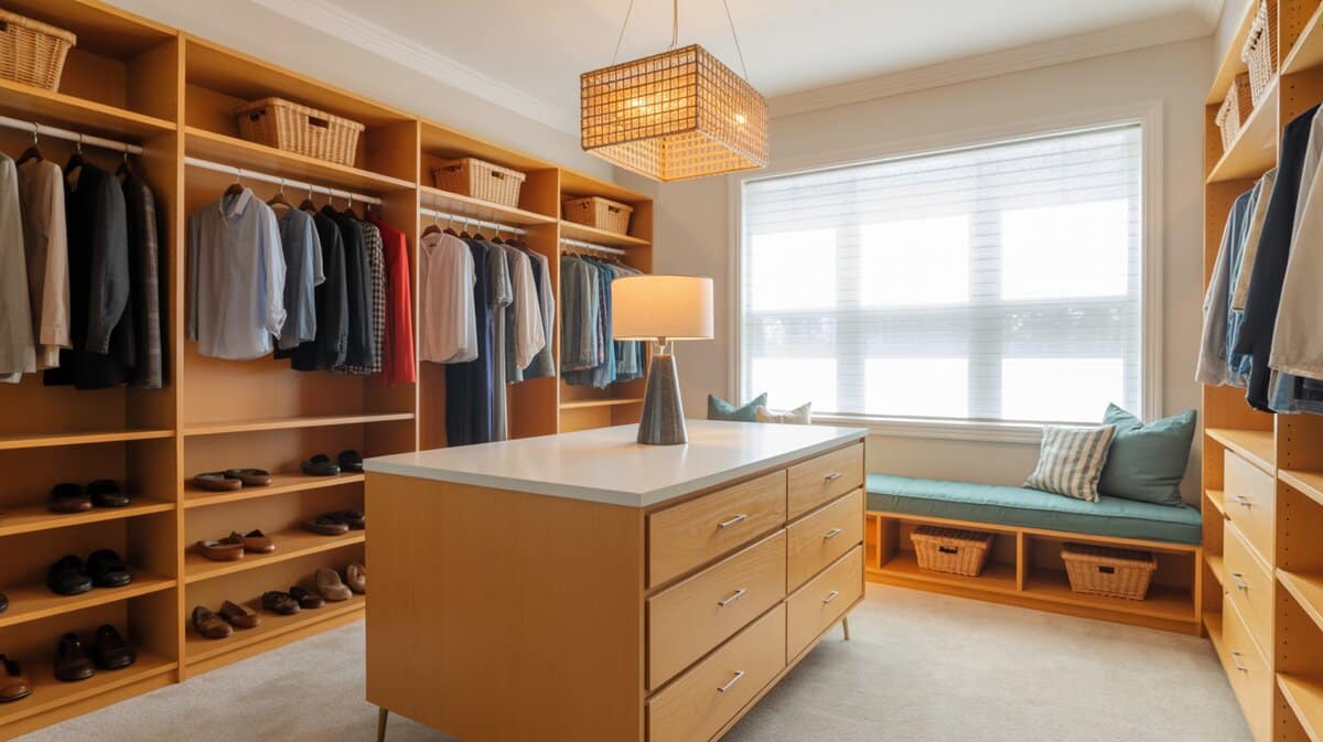 Modern walk-in closet with full-height mirror wall, open hanging racks and island with beech wood drawers