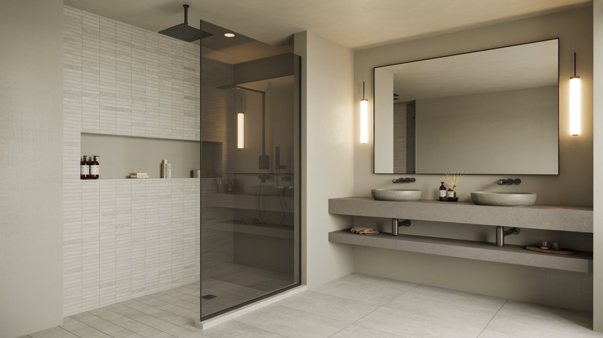 Modern bathroom walk-in shower with floating vanity and vessel sinks