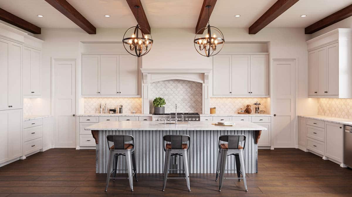 Modern farmhouse kitchen with corrugated steel base island and globe pendants