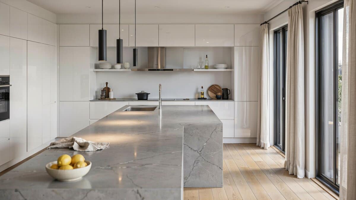 Modern kitchen with gray quartz waterfall island and white gloss cabinets