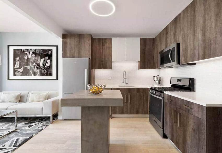 Modern kitchen with small island l shape design brown veneer cabinets