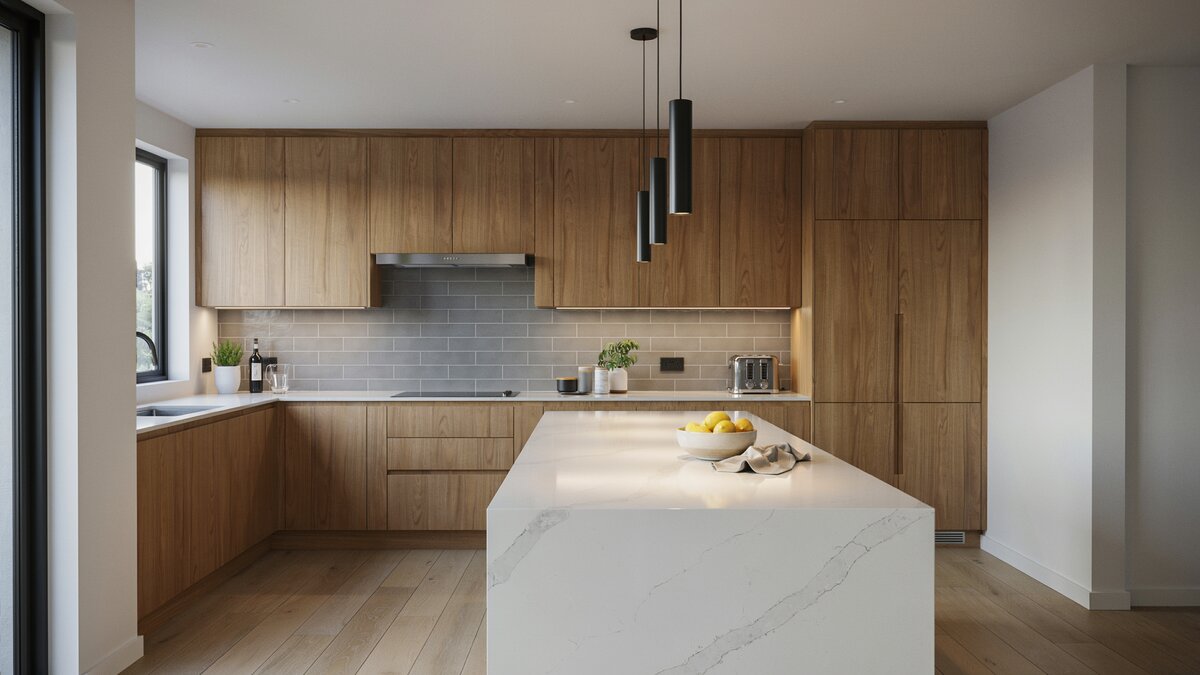 Wood veneer cabinets with white quartz counters gray tile backsplash and pendant lighting