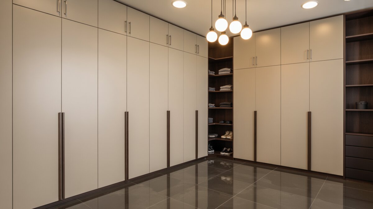 Large minimalist walk-in wardrobe with white floor-to-ceiling modular shelving and dark porcelain tile floors