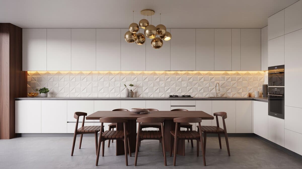 Modern white kitchen with 3D textured backsplash, walnut dining table, and gold ball pendants