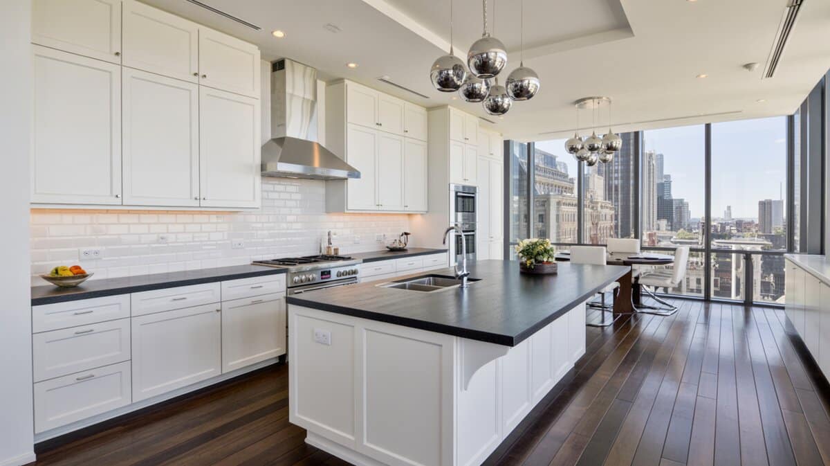 White kitchen with dark island, black counters, and floor-to-ceiling city skyline views