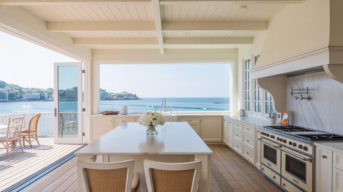 Beachfront white kitchen with floor-to-ceiling ocean view and cream vintage range