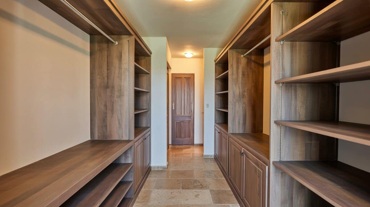 Narrow rustic teak walk-in with weathered walnut finish and long built-in bench with storage