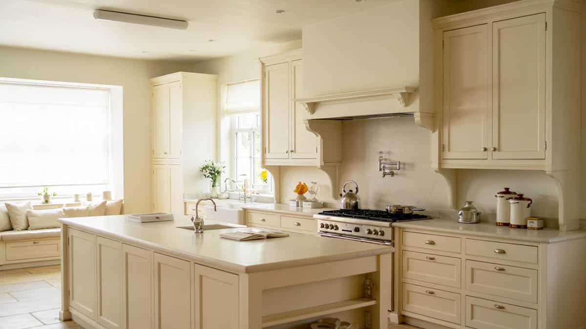 Off-white-painted cabinets in kitchen with window seat