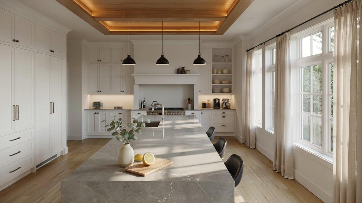 Open plan kitchen with large gray quartz island white cabinets and wood tray ceiling