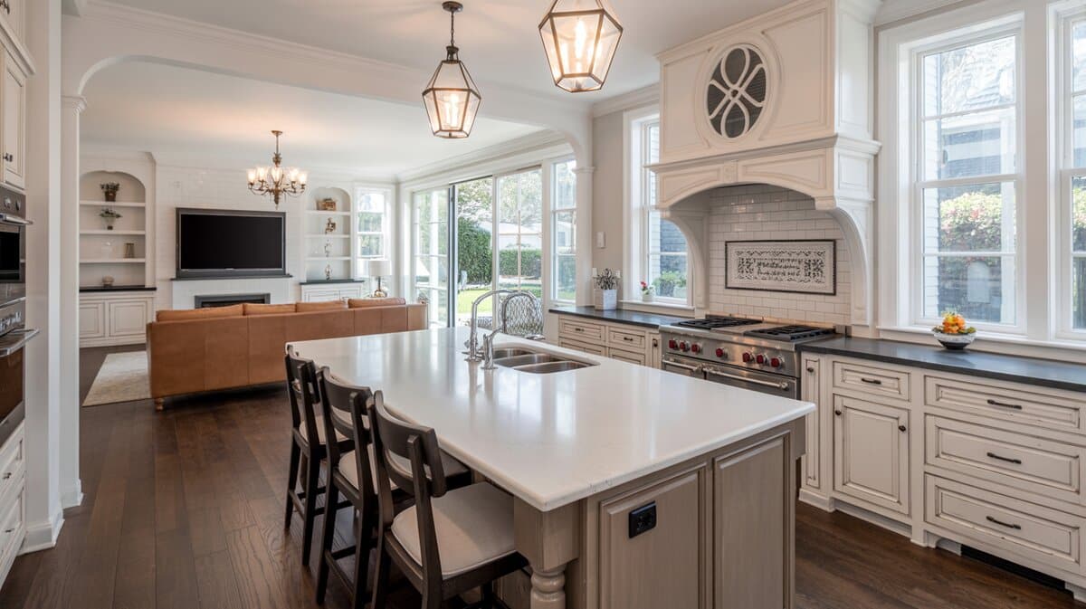 Open-plan cream kitchen with decorative hood flowing into family room with fireplace