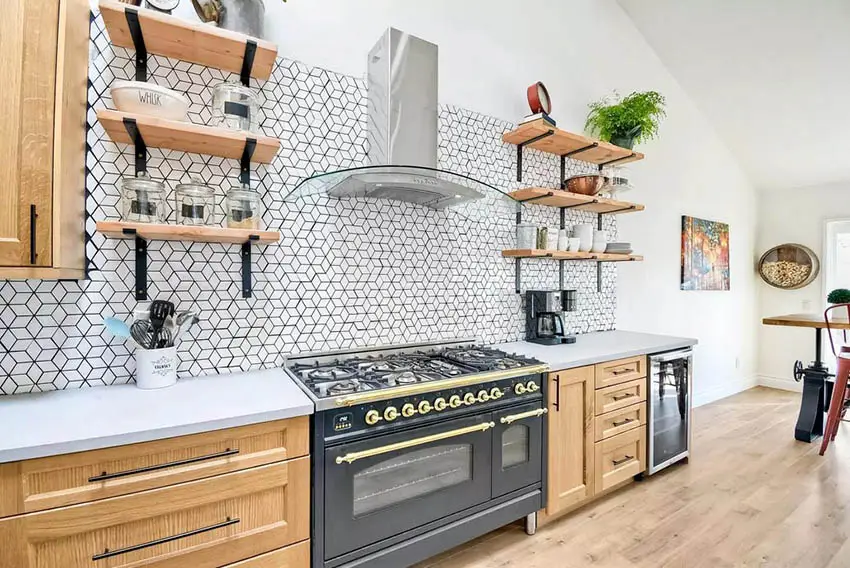 Remodeled Kitchen With Open Shelving And Tile Backsplash