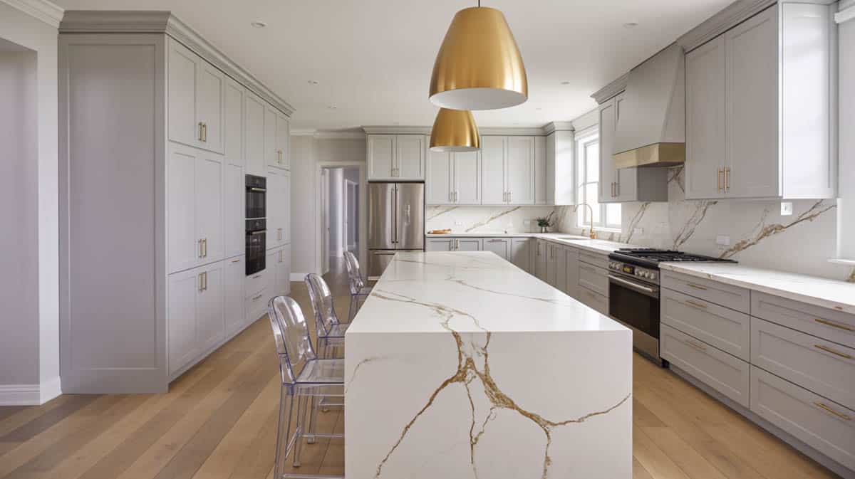 For a more luxe feel, this kitchen used cabinetry finished with walnut