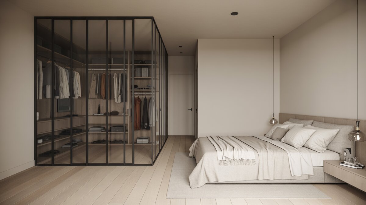 Scandinavian bedroom with black-framed glass partition walk-in closet and light oak floors